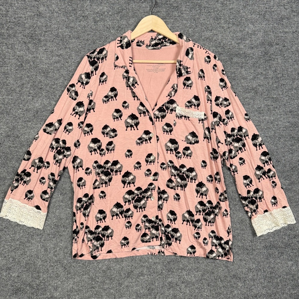 Cool Nights by Soma Size XL Pajama Top Pink Black Animals Loungewear Lace Trim